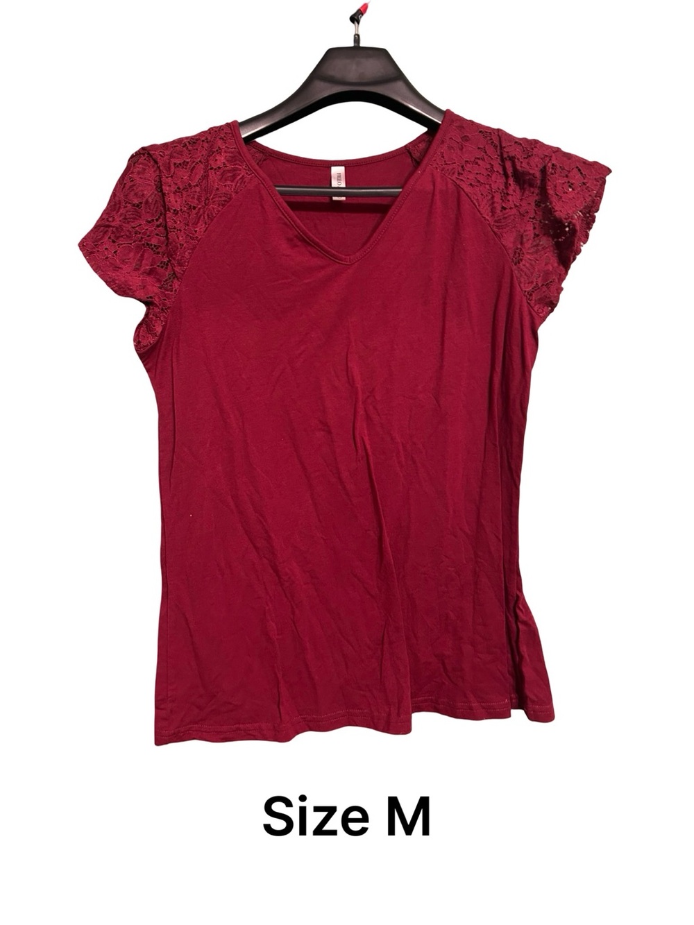 Lace-Sleeve V-Neck Tee - Burgundy